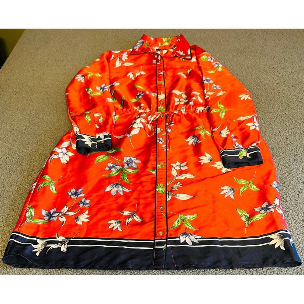 Lauren Ralph Lauren Shirt Dress Women 12 Red Floral Drawstring Waist Pockets
